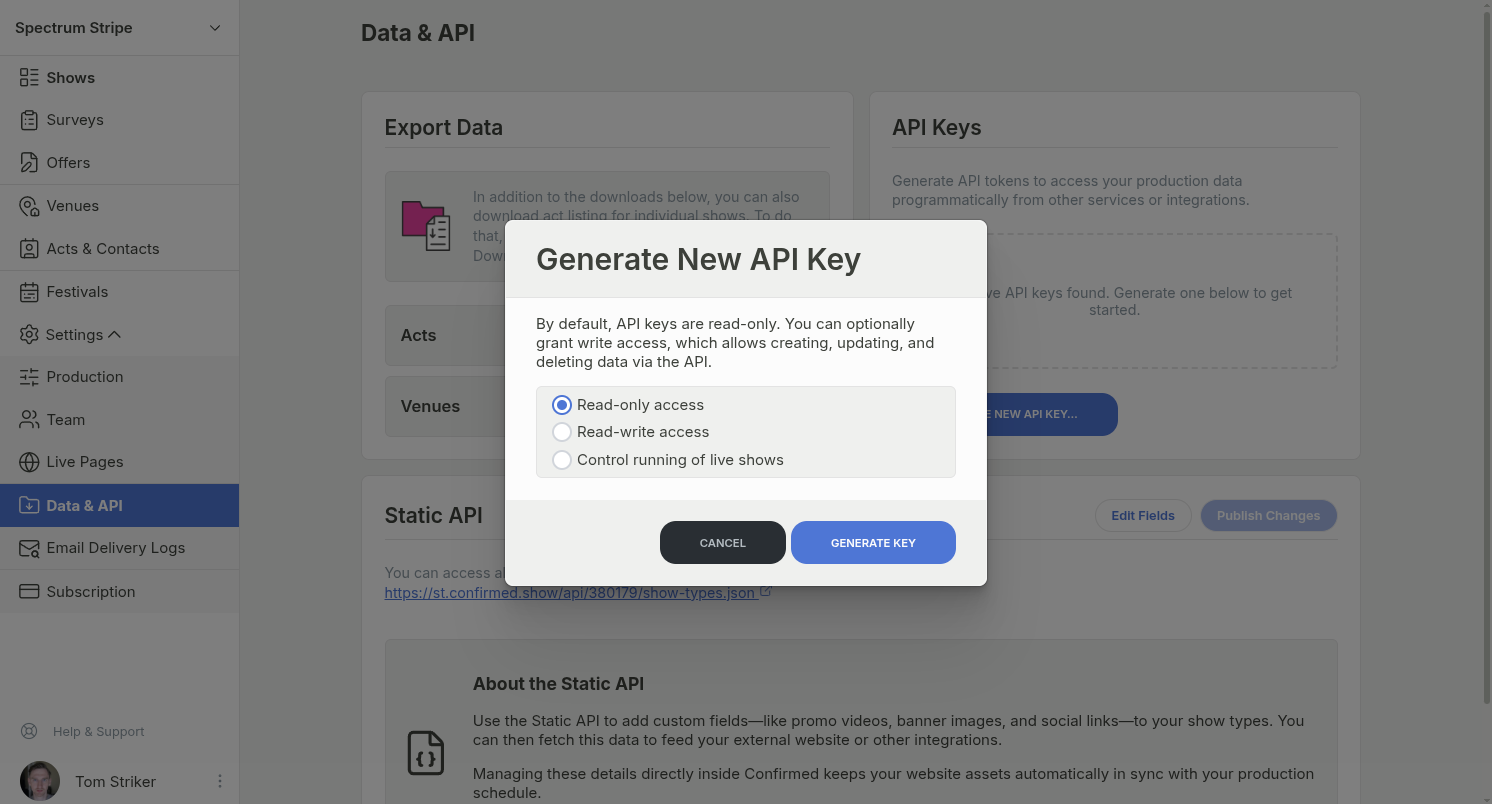 The Generate New API Key modal