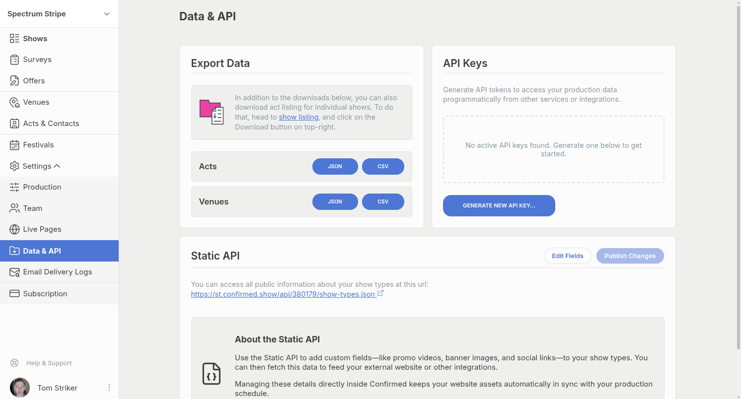 The API Keys list on the Data & API page